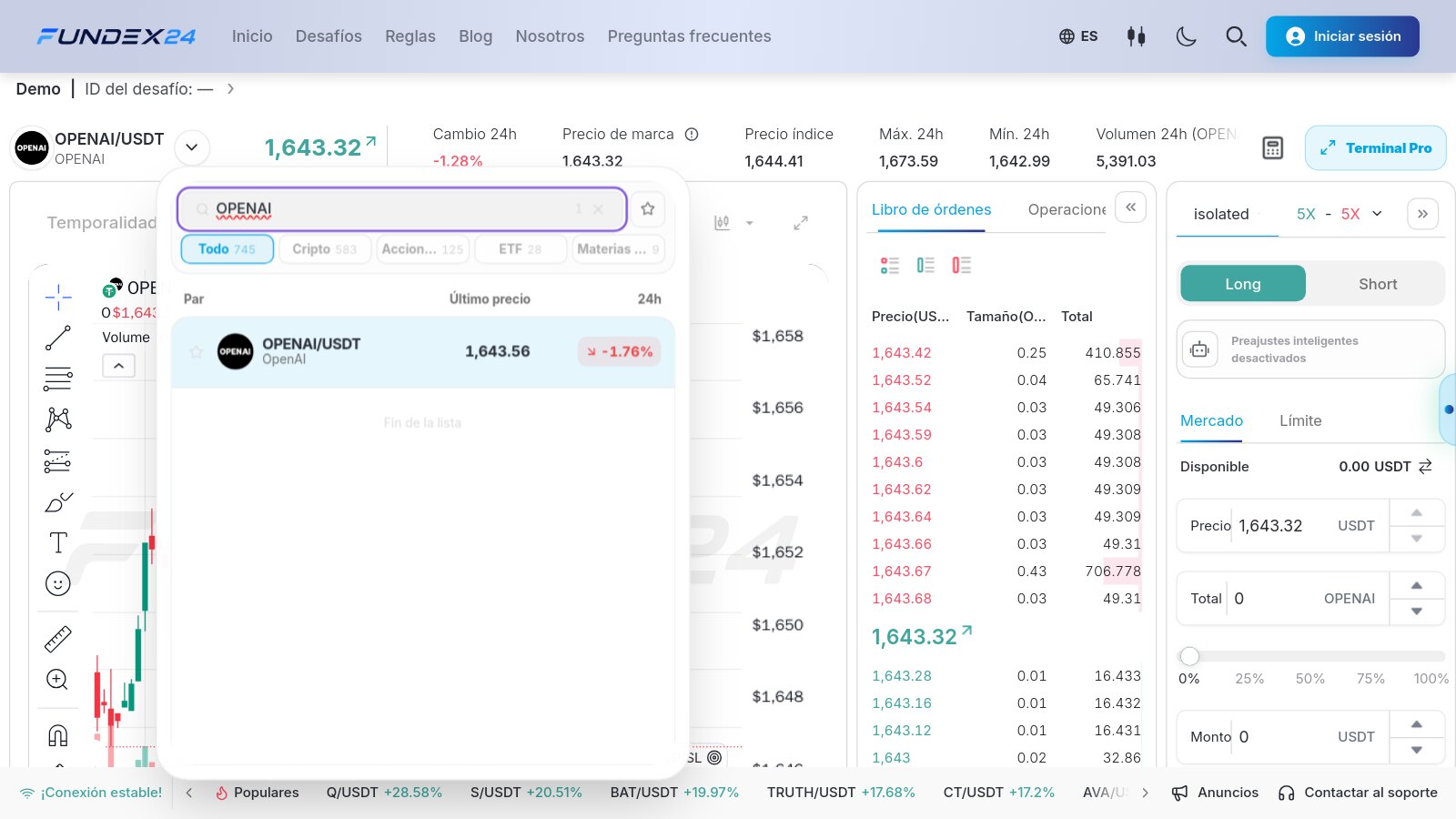 Buscador de mercados de Fundex24 en español con la palabra OPENAI escrita y el par OPENAI/USDT como único resultado