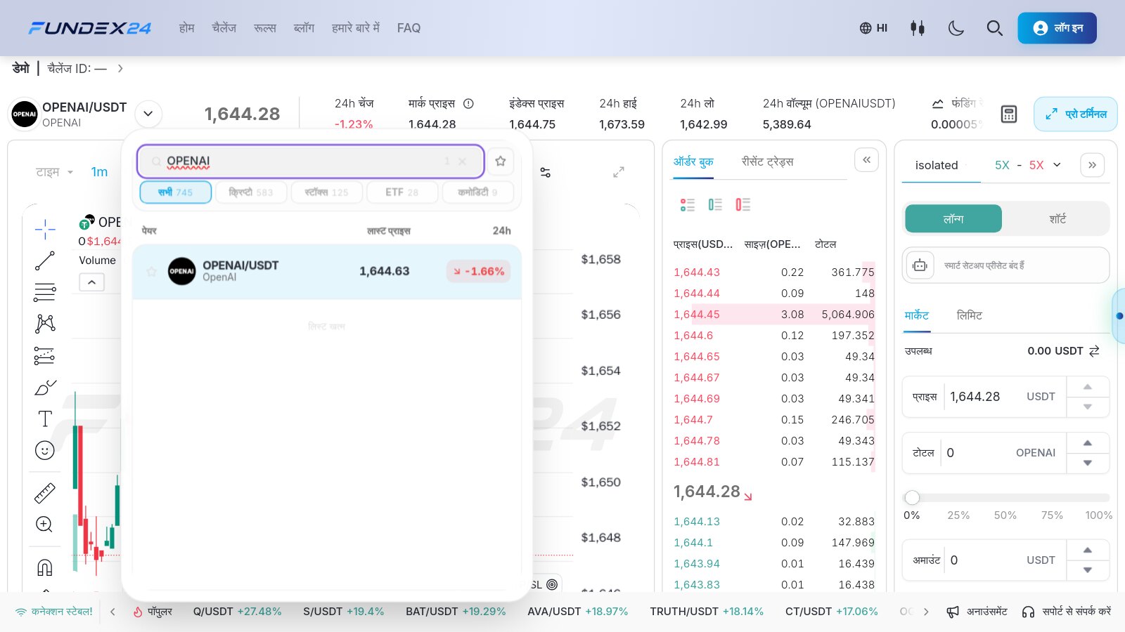 Fundex24 की मार्केट लिस्ट में OPENAI सर्च करने पर स्टॉक्स, क्रिप्टो और कमोडिटी टैब के साथ अकेला OPENAI/USDT पेयर