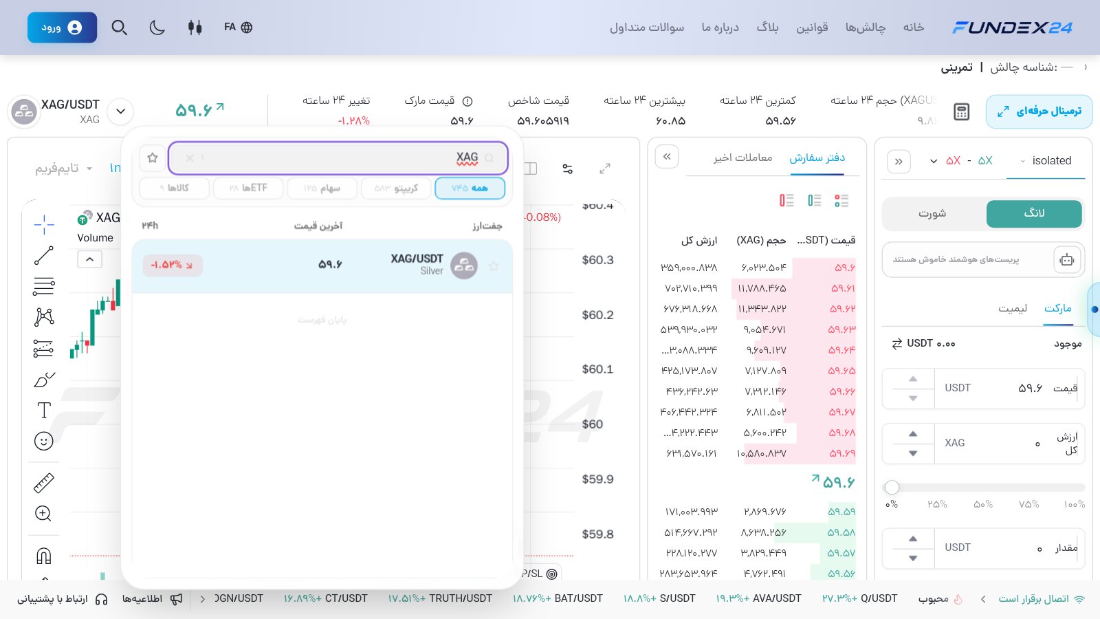 فهرست بازارهای ترمینال فاندکس۲۴ با جست‌وجوی XAG و تنها نتیجه XAG/USDT با برچسب Silver، زیر دسته‌های همه، کریپتو، سهام، ETFها و کالاها