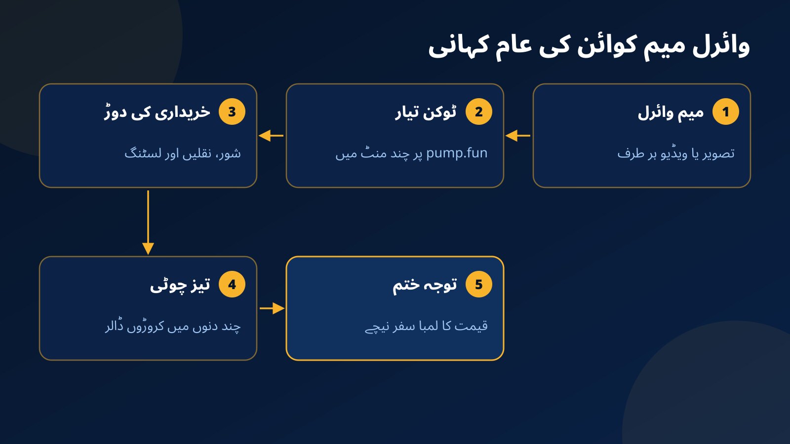 وائرل میم کوائن کے پانچ مرحلے: میم کا وائرل ہونا، pump.fun پر ٹوکن، خریداری کی دوڑ اور لسٹنگ، تیز چوٹی، اور توجہ ختم ہونے پر قیمت کا نیچے آنا
