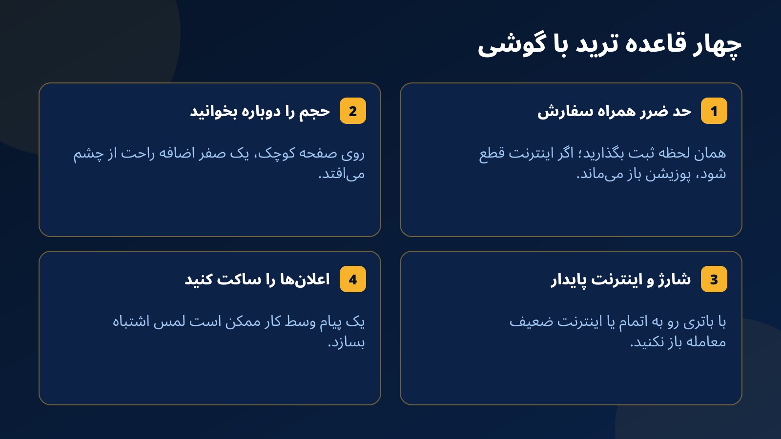 چهار نکته ایمنی ترید با گوشی: حد ضرر همراه سفارش، دوباره خواندن حجم، شارژ و اینترنت پایدار و بستن اعلان‌های مزاحم