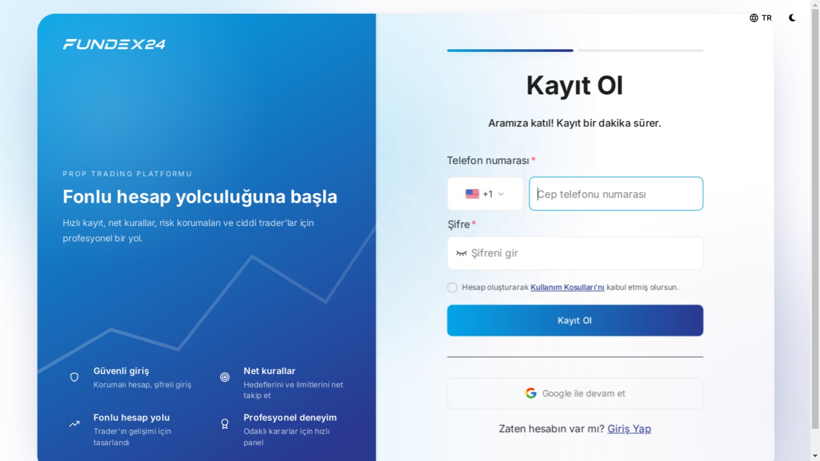 Fundex24 Kayıt Ol sayfası: telefon numarası ve şifre alanları, Kullanım Koşulları onayı ve Google ile devam et seçeneği