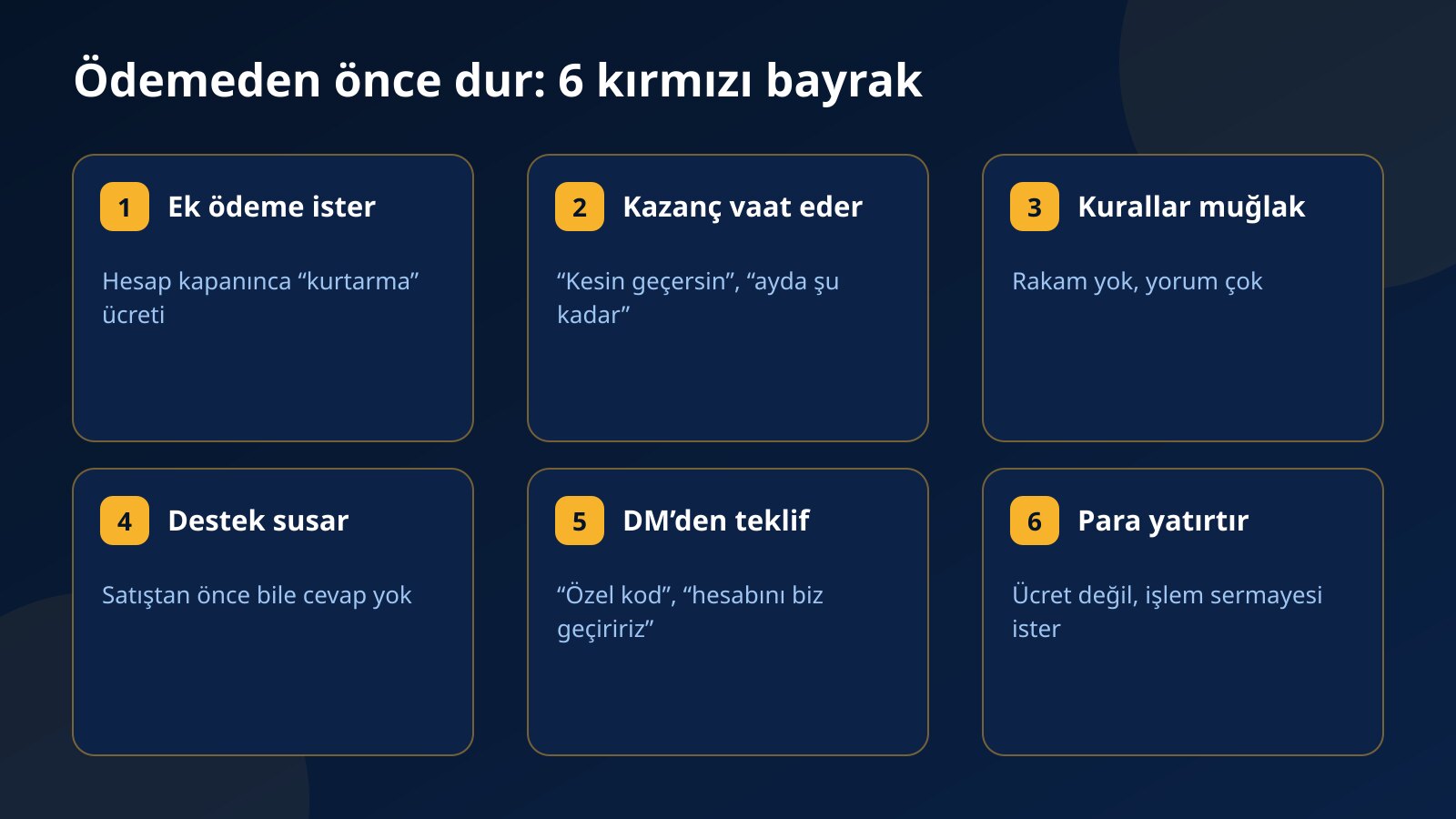 Prop firm seçerken ödemeyi durdurman gereken altı kırmızı bayrak: ek ödeme, kazanç vaadi, muğlak kurallar, cevapsız destek, DM teklifleri ve sermaye isteği