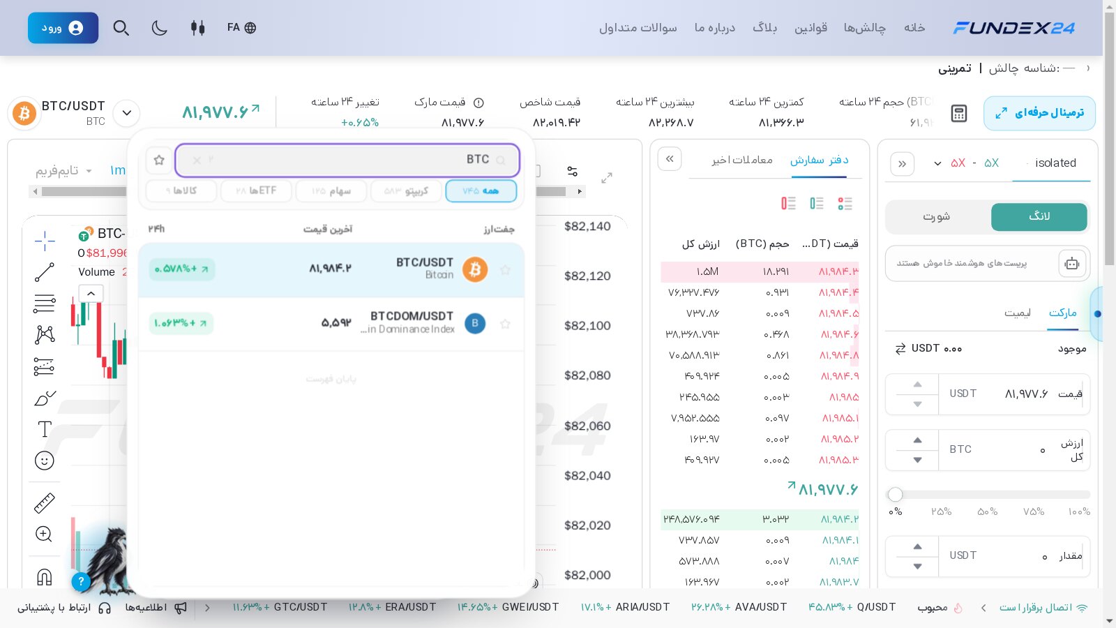 فهرست بازارهای فاندکس۲۴ با جست‌وجوی BTC که دو نتیجه BTC/USDT و شاخص دامیننس BTCDOM/USDT را نشان می‌دهد