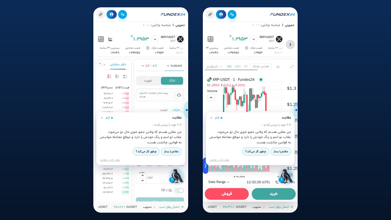 نسخه موبایل ترمینال فاندکس۲۴ برای XRP/USDT با کلید TP / SL پایین فرم سفارش و چارت یکدقیقهای ریپل در صفحه کناری